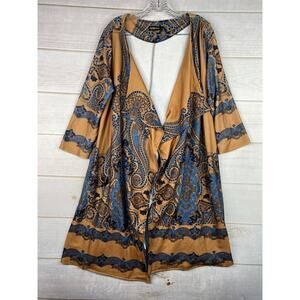 REBORN Cardigan Womens L Brown Blue Paisley Soft Brushed Polyester Open Front